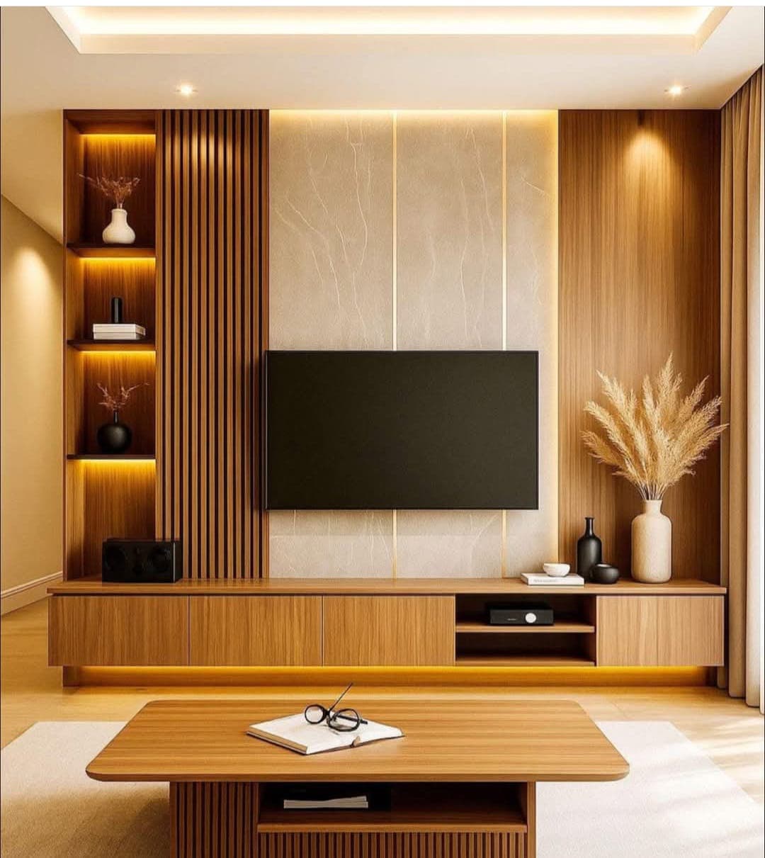 A media wall with a stone-effect centre panel, wooden fluted sides, lit shelves and a long wooden console